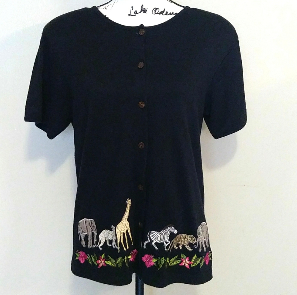 Karen Scott Embroidered Africa Safari Zoo Blouse M